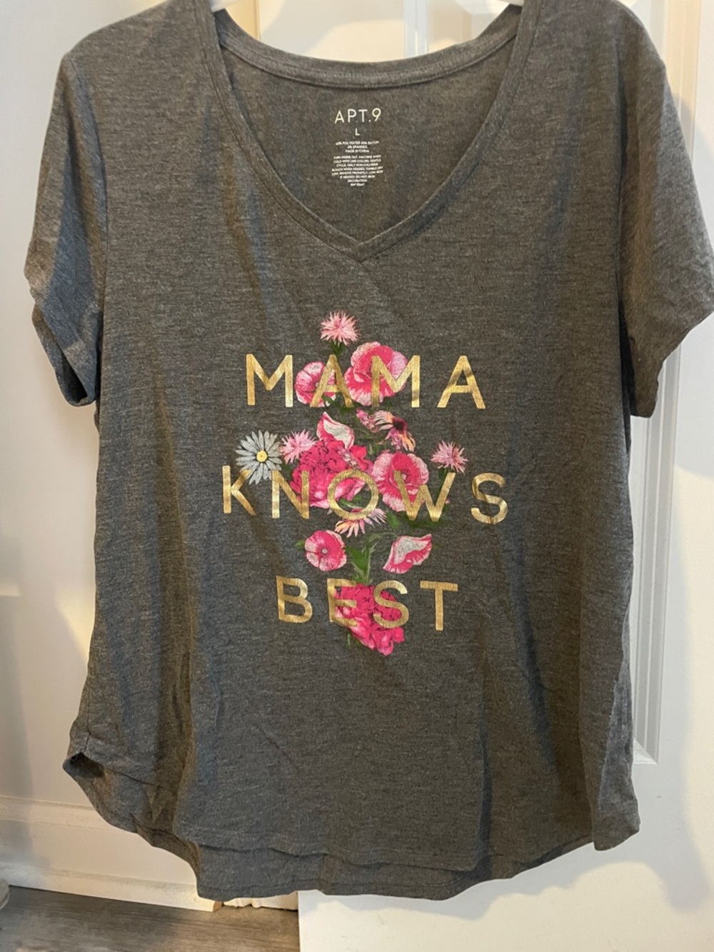 Apt. 9 Gray V-Neck Tee with Gold Lettering and Pink Floral Graphic